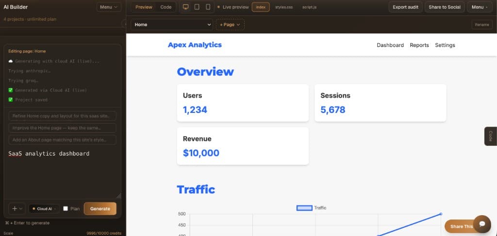 NiskBuild preview for prompt: SaaS analytics dashboard