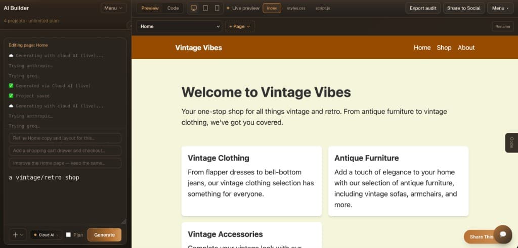 NiskBuild preview for prompt: a vintage/retro shop
